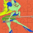 Un puzzle avec l’image d’une guitariste rock en plein délire...